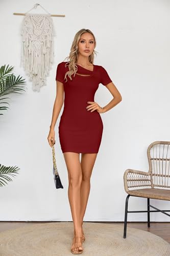 Image of VICHYIE Womens Summer Dresses Cutout One Piece Ribbed Bodycon Mini Short Sleeve Casual Slim Fitted Pencil Dresses