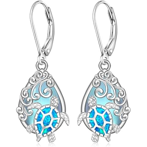Sea Turtle Earrings Moonstone Turtle Earrings for Women Sterling Silver Blue Opal Turtles Jewelry Moonstone Leverback Dangle Christmas Gifts Cover