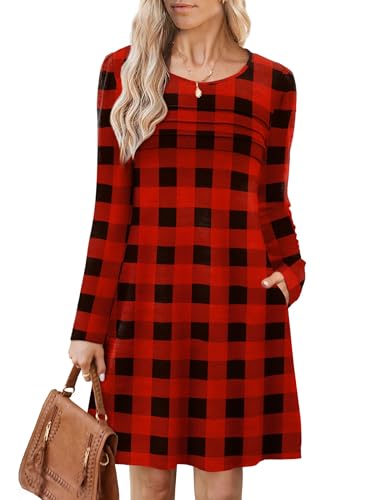 OFEEFAN Long Sleeve Dress for Women Christmas Dresses for Women Red and Black Plaid Loose Fit Daily Red Grid X-Large