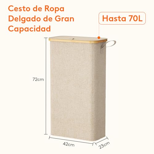 Miniatura 3 de Lifewit Cesto Ropa Sucia Estrecho Con Tapa 65l, Cesto De Ropa Plegable Con Bolsa Extraíble Y Asa, Cesta Ropa Sucia De Bambú, Cubo De Ropa Para Dormitorio, Baño, Lavandería, Dormitorio, Beige