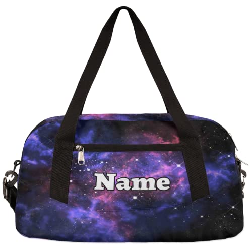Galaxy Custom Name Kids Duffel Overnight Bag for Little Boys Girls Teen, Galaxy Starry Tie Dye Pattern Personalized Small Gym Sport Duffel Bag, Customized Kids Gifts