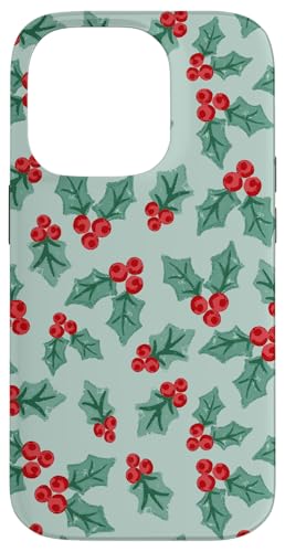 ヒイラギ グリーン レッド クリスマス 冬 パターン 葉と果実 スマホケース iPhone 14 Pro 用