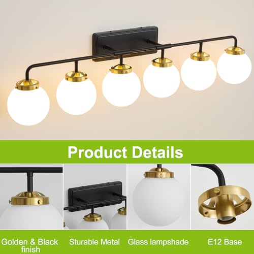 Image of Bathroom Light Fixtures 45.3in 6-Light Black Gold Vanity Lights for Mirror | Bathroom Lighting Fixtures over Mirror, ETL, Brushed Brass Wall Sconce, Dimmable E12 Base Max 60W, Milky Glass Ball Shades