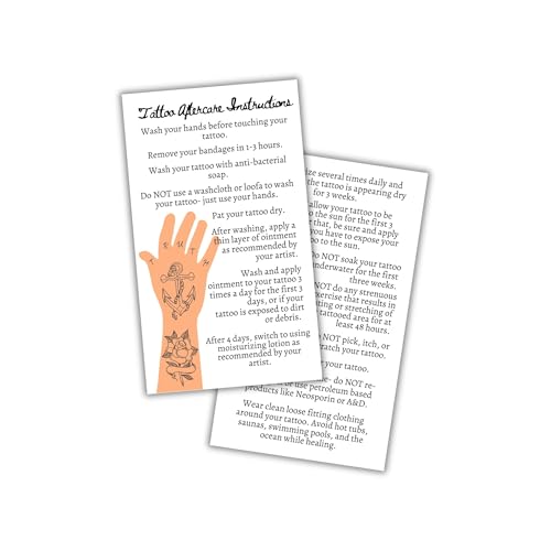 Boutique Marketing LLC Tattoo Aftercare Instructions Cards | 50 Pack | Double Sided Size 2 x 3.5inch inches Business Card | White with Manly Tattooed Hand Design white, black, beige