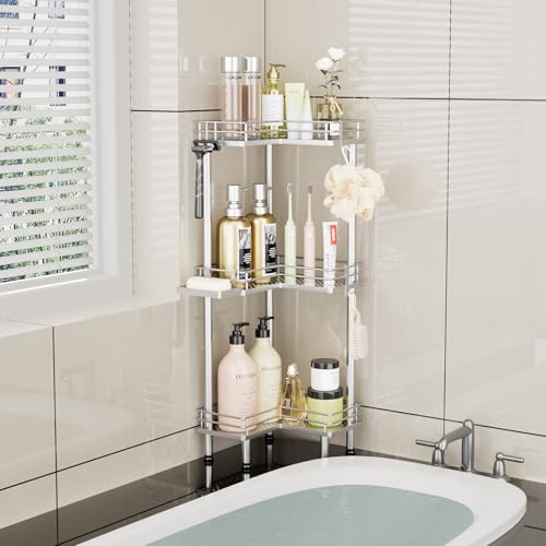 Image of Consumest Corner Shower Caddy Standing - 3-Tier Stainless Steel Shower Organizer with Soap Holder and 4 Hooks, Large Capacity Corner Shelf Stand for Bathroom, Rest Room, Silver