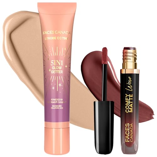 Image of FACES CANADA Tint & Pout Duo 4 - Comfy Matte Wow Liquid Lipstick - Cocoa Crush 07, 3.8ml + Strobe CC Tint Mini - Paradise Vibes 01, 18ml | Highly Pigmented | Radiant Dewy Glass Skin Glow | Long Lasting | For Fair To Light Skin