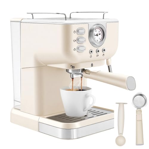 Kompakte Espressomaschine 20Bar 1050W Espresso Siebträgermaschine mit 1,5L Wassertank, Presslöffel und Trichtergriff, Weiß Espresso-Kaffeemaschine für Mokka, Latte, Caramel Macchiato