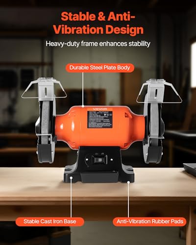 Image of VEVOR Bench Grinder, 8-inch Single Speed, 3450RPM High-Speed Table Grinders with 750W 6.2A 1.0Hp Induction Motor, 36 /60-Grit Grinding Wheel & Adjustable Eye Shield for Fast Sharpening Grinding