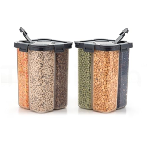 Image of SplitBox - Pack of 2, 4-Section Kitchen Food Storage Container,2000ml BPA-Free Transparent,Black Lid,Removable Divider,Freezer Safe,Stackable,Space Saving,Pulses,Snacks,Dry Fruits (Black)