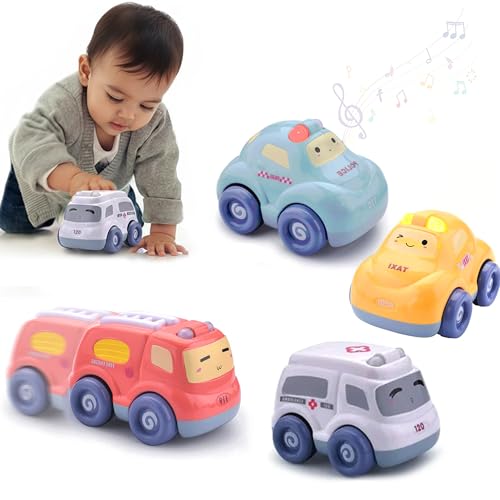 Image of Kidology Push & Go Baby Car Toy Set, Friction Powered Pull Back Cars for Toddlers, 4-Pack with 3D Lights & Sounds, Fun Cartoon Trucks for Boys & Girls, Baby Toys 1+ Year Old