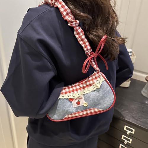 Image of PALAY Shoulder Bag for Woman Mini Red Lattice Lace Trim Bow Y2K Handbag
