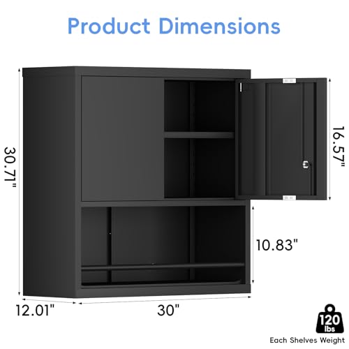 Image of Metal Garage Cabinets, Lockable Storage Cabinet, Metal Cabinet with Open Storage, Upper Tool Cabinet for Basement, Wall Mounted Cabinets for Shop
