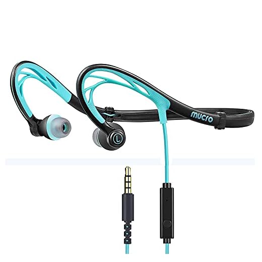 mucro Sports Headphones Wired Over Ear Behind The Neck Headphones Running Earphones Wrap Around in-Ear Stereo Earbuds with Microphone for Jogging Gym Workout