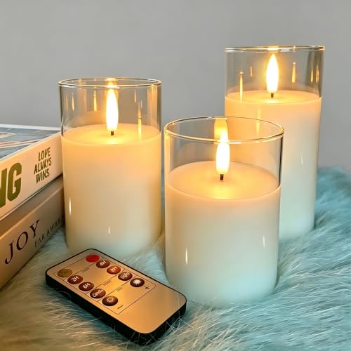 Image of VIEWELLD Clear Glass Flameless Candles with Remote Timer, Battery Operated Candles, Flickering LED Pillar Candles Set of 3
