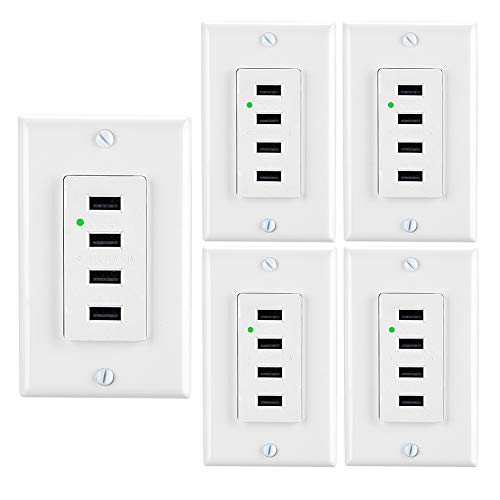 LEOD High Speed 4 USB Port Charging Wall Outlets and LED Indicator Light With 10 Free wall plates, 15A Tamper-resistant Receptacle, Smart Auto-identify Charging Current, White, UL Listed (5 PACK)