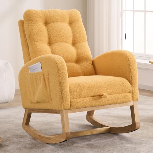 Image of Rocking Chair with Foot Rest, Nursery Rocking Chairs with Rubber Wood Legs, High Back Pocket Modern Upholstered Glider Chair, Comfy Accent Rocker Armchair for Living Room Bedroom,Yellow