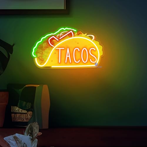Image of Taco Neon Sign LED Light - UV Printing Light Up Sign for Business, Restaurant, Mexican Decor (15.8x8.7'', Orange, Yellow, and Green)