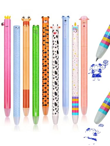 GutSache 9er Set radierbare Gelstifte mit thermoempfindlicher Radiertinte, Radierbar Tintenroller 0,7mm, Tintenfarbe Blau mit Cartoon Tiermotiven, Erasable Pen Set für Schulsachen Bürobedarf