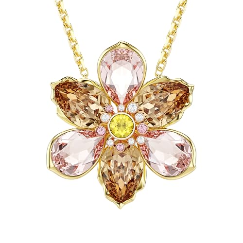 Swarovski Idyllia Pendentif et broche en forme de fleur avec cristaux multicolores pour femme Doré Chaîne réglable Bijou polyvalent