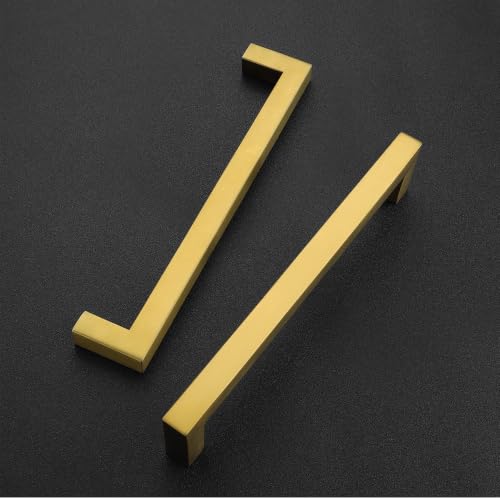 Image of Ravinte 10 Pack Kitchen Gold Cabinet Handles 6-1 /4 Inch Hole Center Stainless Steel Square Cabinet Pulls for Dresser Drawer Cupboard Handles with Screwdriver