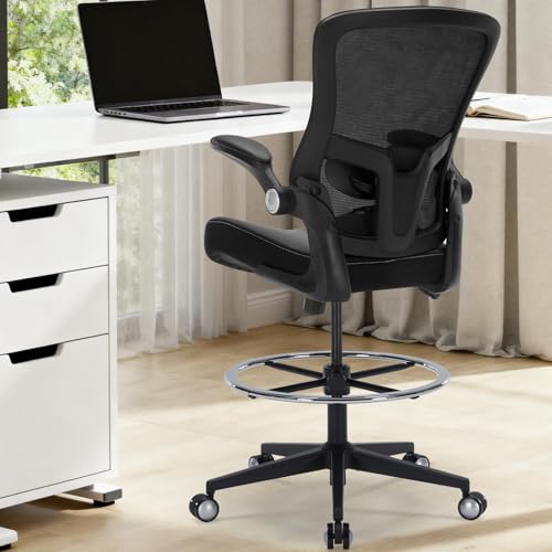 Image of Drafting Chair 400lbs Heavy Duty Tall Office Chair Big and Tall Ergonomic Standing Desk Chair with Lumbar Support and Adjustable Footrest Ring, Comfy Mesh Wide Chair with Flip-up Armrests, Black