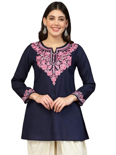 Image of QAZMI Women's Naila Kashmiri Aari Embroidered Viscose Rayon Full Sleeves A-Line Short Kurti