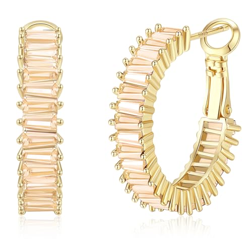 GLOQUAT Crystal Champagne Hoop Earrings 14K Gold Plated Hoops for Women 925 Sterling Silver Post Vintage Baguette Cubic Zirconia Earrings Trendy Gold Round Circle Yellow Hoops for Women Jewelry 25mm