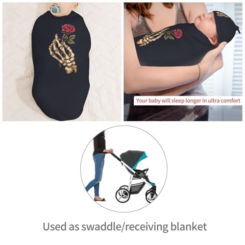 Image of Skeleton Hand Holding Rose Newborn Swaddle Blanket with Beanie Set Soft Baby Sack Stretch Adjustable Swaddle Wraps Receiving Blankets