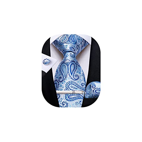 DiBanGu Juego de corbata para hombre, corbata de cachemira y gemelos cuadrados de bolsillo, formal, boda, negocios, azul celeste, Taille unique