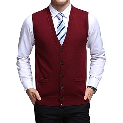 Biutimarden Mens Sleeveless Knitted Waistcoat Cardigan Slipover Casual Knitted Tank Tops with Buttons (Red, XL) Cover