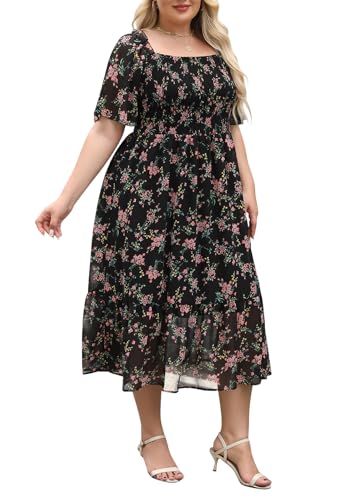 Image of Keluummi Plus Size Wedding Guest Maxi Dresses for Curvy Women, Summer Casual Boho Floral Smocked Empire Waist A Line Sundress