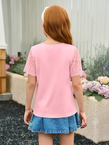 Image of Haloumoning Girls Lace Short Sleeve T Shirts Kids Summer Crewneck Tunic Tops Curved Hem 5-14 Years