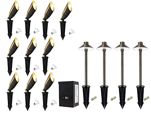 Gkoled 10 Pack Brass Landscape Spotlights (Mr16 Bulbs Included) With 4 Pack Brass Landscape Path Lights (G4 Bulbs Included) With 1 Pack 120W Low Voltage Transformer #TOP12