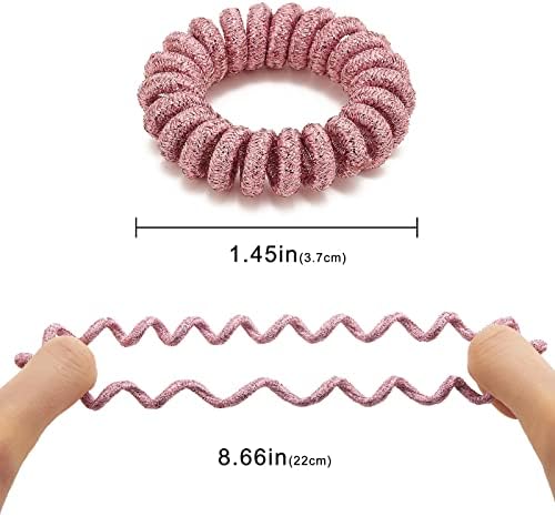 Spiral Glitter Pink Hair Ties for Women (12 Pcs) - Plastic Coil Ponytail Holders, No Crease Phone Cord Hair Ties for All Types