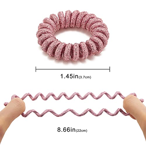 Spiral Glitter Pink Hair Ties for Women (12 Pcs) - Plastic Coil Ponytail Holders, No Crease Phone Cord Hair Ties for All Types