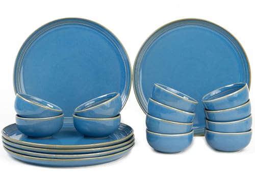 Image of Bodhi House Handcrafted Chip Resistant Porcelain Dinner Set, 18 Pieces Dish Set Serving for 6, Microwave and Dishwasher Safe, Bone-ash Free, Crockery Set for Dining and Gifting, Mid Blue