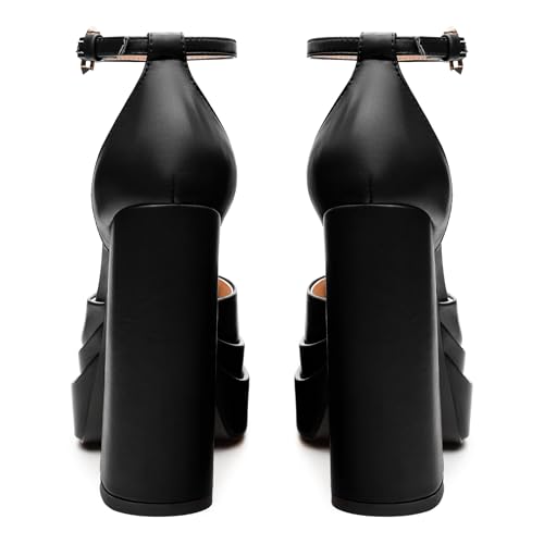 FEMSTEP Women's Chunky Platform High Heels Closed Round Toe Block Heel Pumps Ankle Strap Wedding Party Dress Shoes4