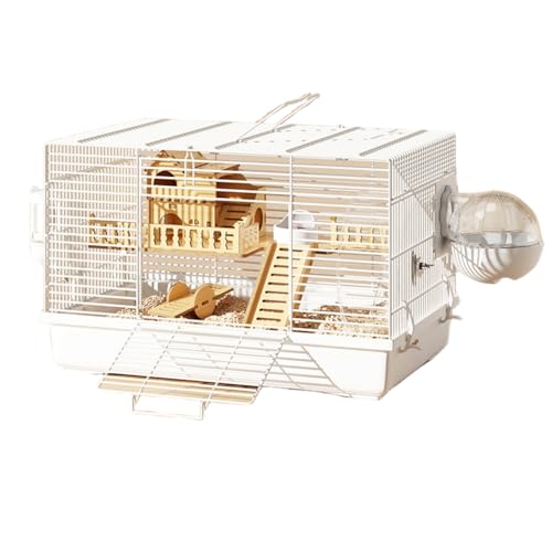 FYDN ハムスターケージ、小動物ハウス、通気性、トレイデザインかわいい、金網タイプ、耐久性、ランニングホイール、噴水、ボウル、木製ハウス、組み立て簡単、掃除簡単 (ホワイト,47*30* 37cm)