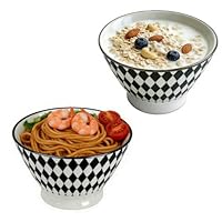 Große Müslischalen 2er Set Keramik, 600ml Frühstücksschale Schwarz-Weiß mit Rautenmuster, Tiefe Suppenschüssel Salatschale Dessertschale Nudelschale, Stapelbar, Spülmaschinen- & Mikrowellengeeignet