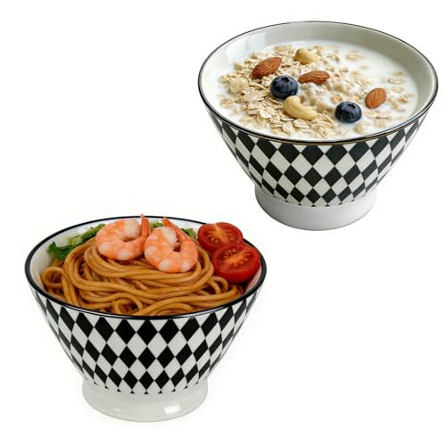Große Müslischalen 2er Set Keramik, 600ml Frühstücksschale Schwarz-Weiß mit Rautenmuster, Tiefe Suppenschüssel Salatschale Dessertschale Nudelschale, Stapelbar, Spülmaschinen- & Mikrowellengeeignet