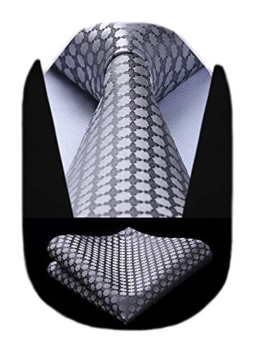 HISDERN Men's Ties Plaid Polka Dots Ties and Pocket Squares Grey Classic Formal Business Party Woven Checkered Neckties Handkerchief Set