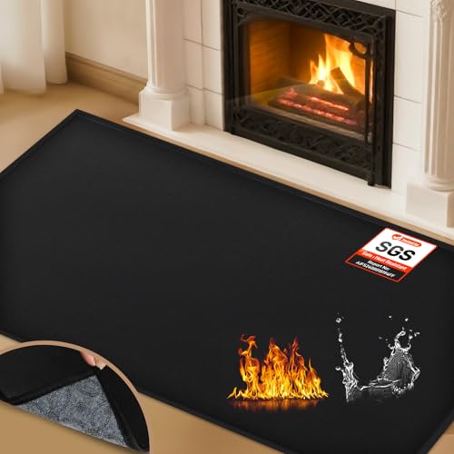 Fireplace Mat, 1\'4\'\' x 2\'8\'\' x 0.14\'\' Hearth Rugs for Fireplaces Fire Resistant, Fiberglass and Non-Slip Bottom Wood Stove Hearth Pads, Fireplace Hearth Mat for Fireplace Indoor Outdoor, Black