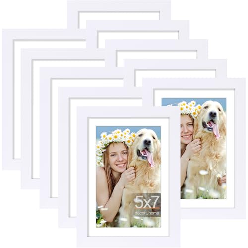 decorUhome 5x7 Picture Frame Set of 10, Display Photos 4x6 with Mat or 5x7 Unmatted for Picture Frames Collage Wall Decor, White