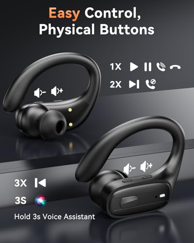 Image of LEEMC Wireless Earbuds, Bluetooth Headphones 5.4, 80Hr Playtime Ear Buds with Hooks for Sports, Noise Canceling, LED Display, IPX7 Waterproof Earphones for Workout Running, Onyx