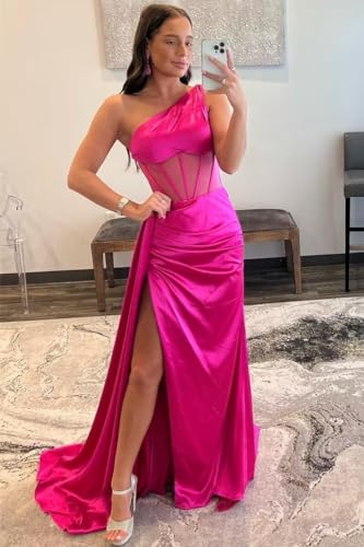 One Shoulder Prom Dress 2024 Mermaid Satin Bridesmaid Dresses for Wedding High Slit Formal Evening Gowns3