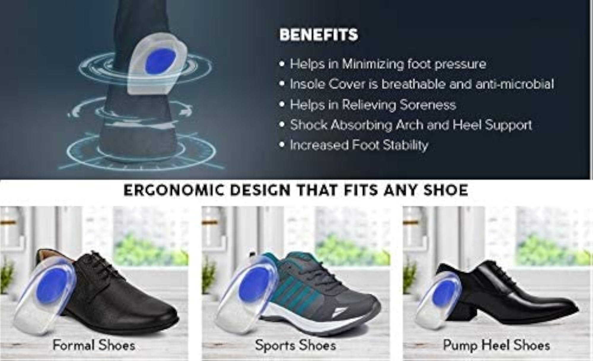 Gel Silicone Heel Cups for Pain Relief, 1 Pair