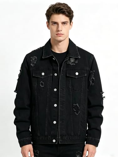Image of Men's Denim Jacket Patchwork Fringe Jacket Slim Jean Jacket Streetwear Coat