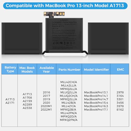 Image of A1708 Battery, A2171 A1713 A2159 A2289 A2338 Replacement for MacBook Pro 13 Inch A1708 (Late 2016, Mid 2017 Years) (Upgraded High Performance 54.5Wh 11.4V 4781mAh Li-Polymer)