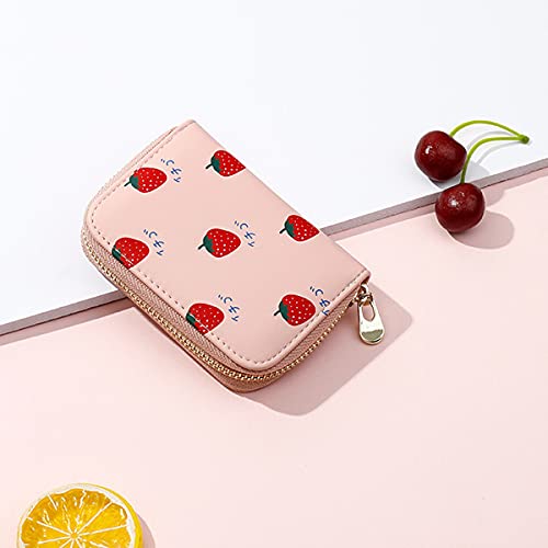 Nvkic Cute Credit Card Holders For Women Strawberry Pattern Zip-Around Faux Leather Slim Wallet For Girls Cash Coin Purse Pink Color #TOP1