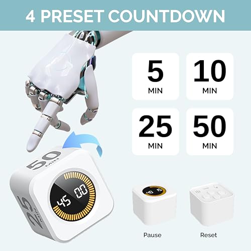 Image of KADAMS Pomodoro Timer Visual - Productivity Pomodoro Cube, 5 /10 /25 /50 Min Countdown & Countup, Silent - Ideal for Work Study Cook Workout Kitchen School Classroom Office Gift Kids (1, White)